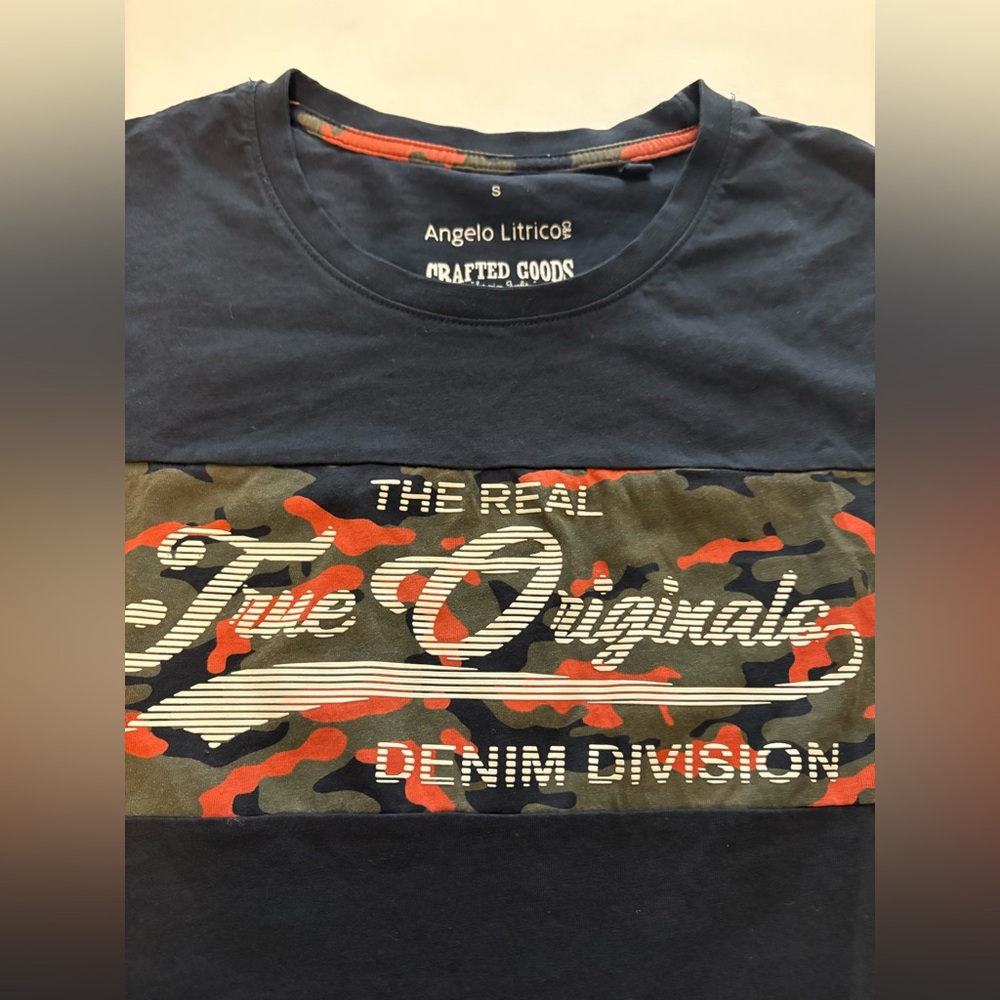 Angelo Latrico Navy Blue Camo Graphic Shirt True Originals Denim Division Small - Picture 2 of 3